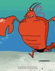 a cartoon lobster is running on a beach .