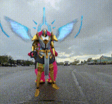 a person in a costume with wings and a sword standing in a parking lot
