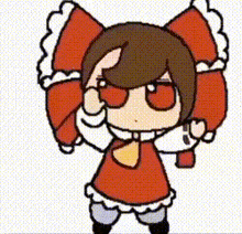 a cartoon of a girl in a red dress with a bow on her head and red eyes .