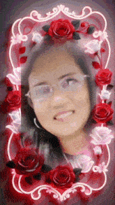 a woman with glasses is surrounded by red roses in a frame