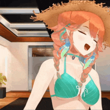 a girl in a bikini is wearing a straw hat and yawning