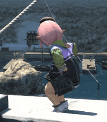 a girl with pink hair is standing on a dock