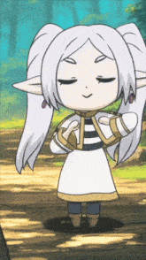 a cartoon character with white hair and pigtails is standing in a forest