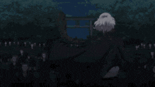 a man with white hair is standing in a dark forest .