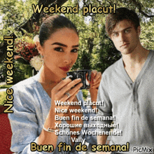 a woman holding a cup of coffee next to a man with the words weekend placut