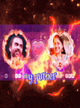 a man and a woman are surrounded by flames with the words " my partner " in blue