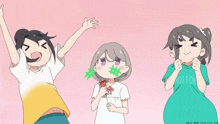 three anime girls are standing next to each other and one of them is wearing a shirt that says pottok