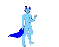 a drawing of a blue furry animal with a blue tail