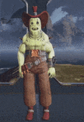 a green monster wearing a cowboy hat and pants holds a gun