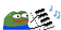 a pixel art of a green frog with a blue shirt