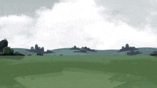 a cartoon character standing in a field with clouds in the background