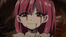 a girl with pink hair is crying with blood dripping from her mouth