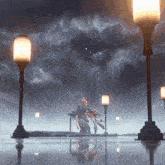a painting of a person standing in the middle of a street at night