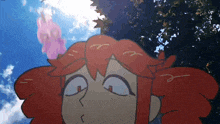 a cartoon girl with red hair is looking up at the sky with a pink flower on her head .