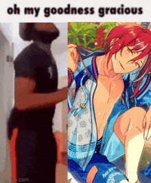 a man in a black shirt is standing next to a picture of a shirtless anime character .