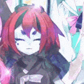 a close up of a cartoon character with red hair and a purple face .
