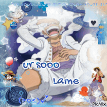 a picture of a man with the word lame on it