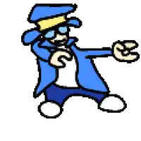 a pixel art drawing of a cartoon character wearing a blue hat and glasses .