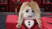 a cartoon character with blonde hair is wearing a red dress with a heart on it