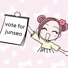 a girl with a pink flower in her hair is holding chopsticks and says vote for ijunseo