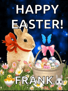 a happy easter greeting card with a bunny and a basket of easter eggs