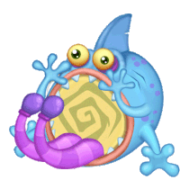 a cartoon monster with a purple tongue sticking out and an exclamation point
