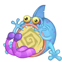 a cartoon monster with a purple tongue sticking out and an exclamation point
