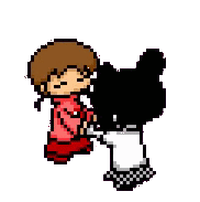 a black and white pixel art of a girl holding a gun .