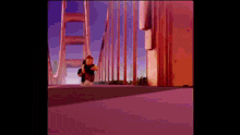 a cartoon of a man running across a bridge .