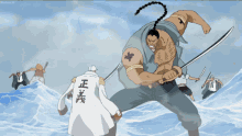 a cartoon of a man holding a sword with chinese characters on his chest