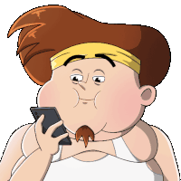 a cartoon of a man with a headband on his head holding a cell phone