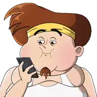 a cartoon of a man with a headband on his head holding a cell phone