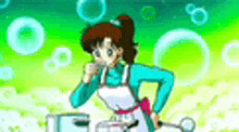 a cartoon of a woman in an apron drinking from a cup while cooking .