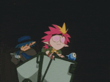 a cartoon character with pink hair and glasses is riding a wagon