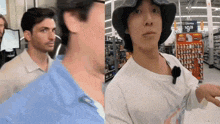 a man in a blue shirt is standing next to a man in a hat in a store ..