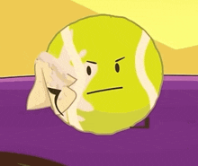 a cartoon tennis ball with an angry face is sitting on a purple table .