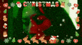the word christmas is on a green background with christmas decorations around it