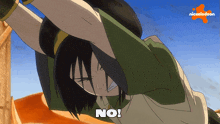 a cartoon of a girl saying no with a nickelodeon logo in the corner