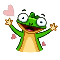 a frog is surrounded by red hearts and has a surprised look on its face