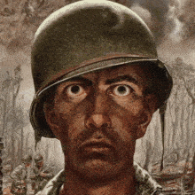 a painting of a man wearing a helmet and looking at the camera