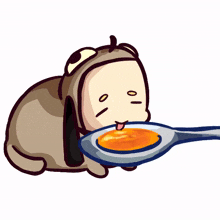 a cartoon dog is eating from a spoon with its tongue out