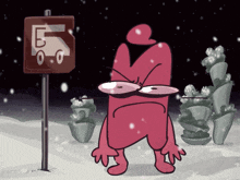 a cartoon character stands in front of a sign that says bus stop