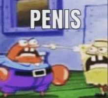 a cartoon of spongebob and mr krabs fighting each other with the words penis written in white letters .