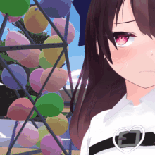 a girl with red eyes is standing in front of balloons