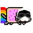 a pixel art of a cat wearing a mask and a rainbow box .