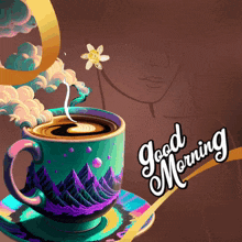 a cup of coffee on a saucer with the words " good morning " on the bottom