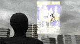 a man stands in front of a large billboard that says ' ucsd ' on it