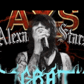 a black and white photo of a man singing into a microphone with the name alexa star on the bottom right