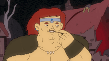 a cartoon drawing of a man with red hair and blue earrings
