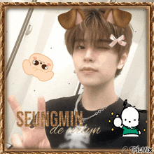 a picture of a young man with the name seungmin on the front